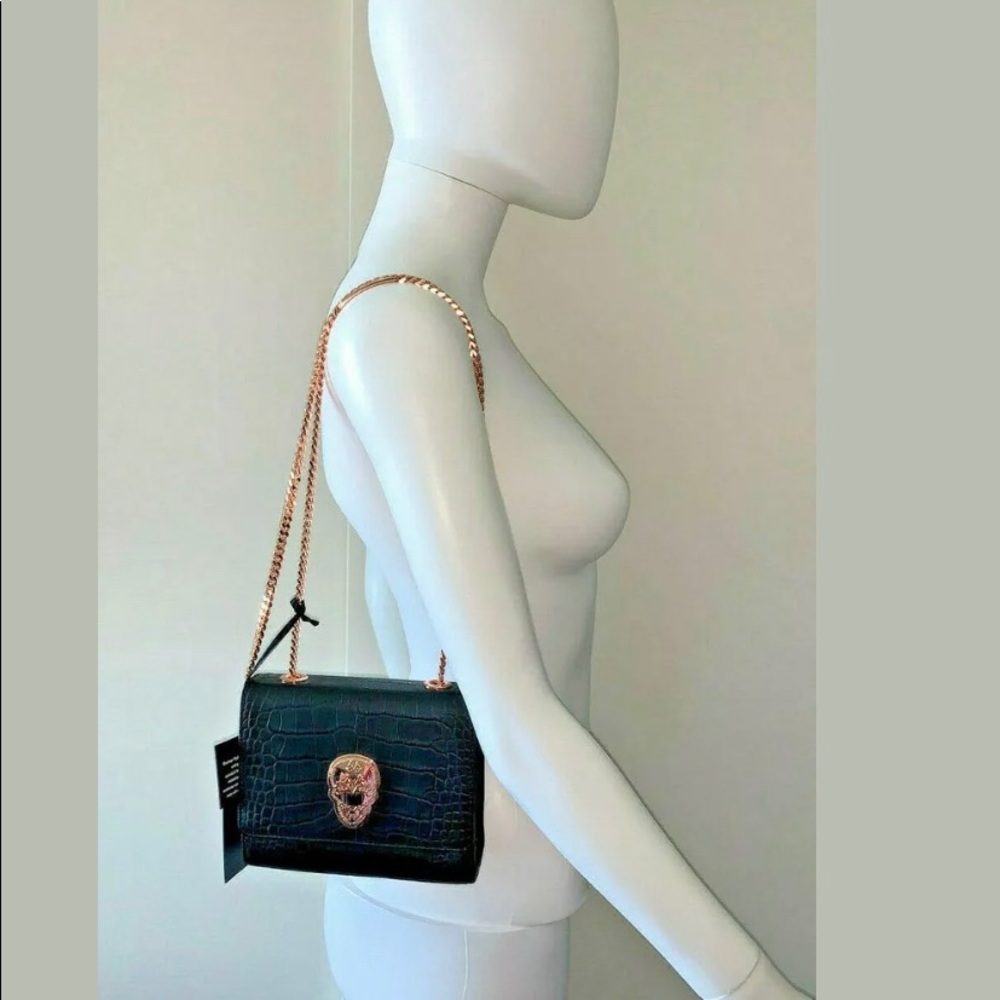 THOMAS WYLDE black croc embossed leather gold chain bag purse